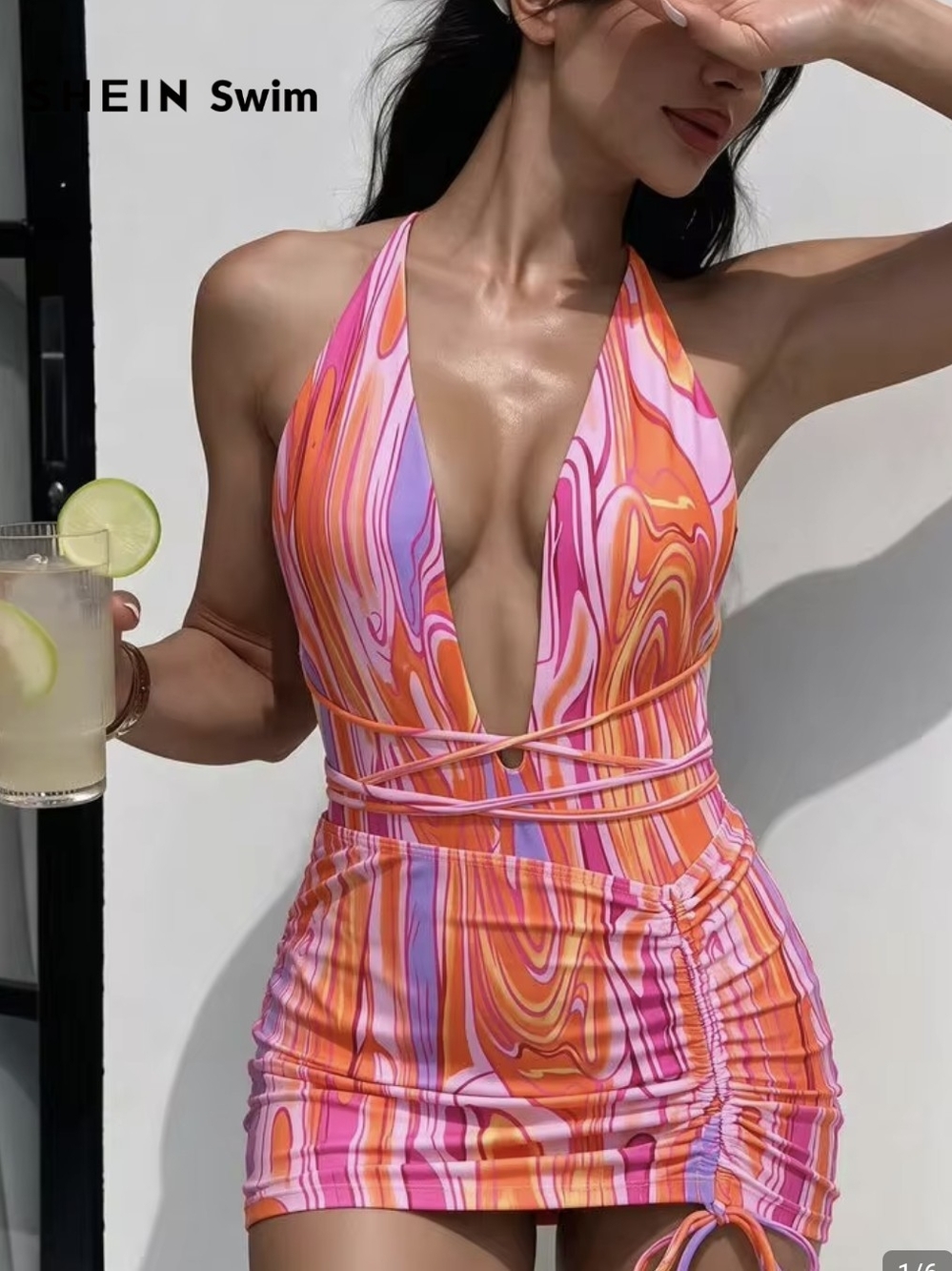 SHEIN Pink & Orange Swirl Halter One-Piece And Cover Up
